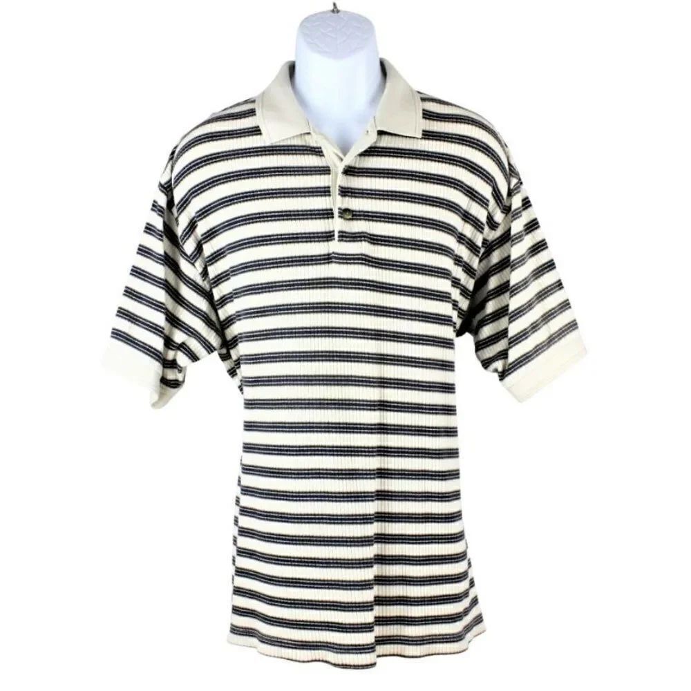 Vintage 97 Dockers Polo Short Sleeve Ribbed Knit Striped Cream & Blue Mens L